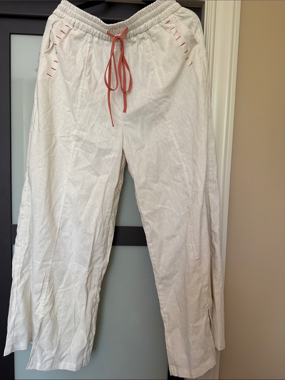 Drawstring Linen Blend Pants with Coral Accents